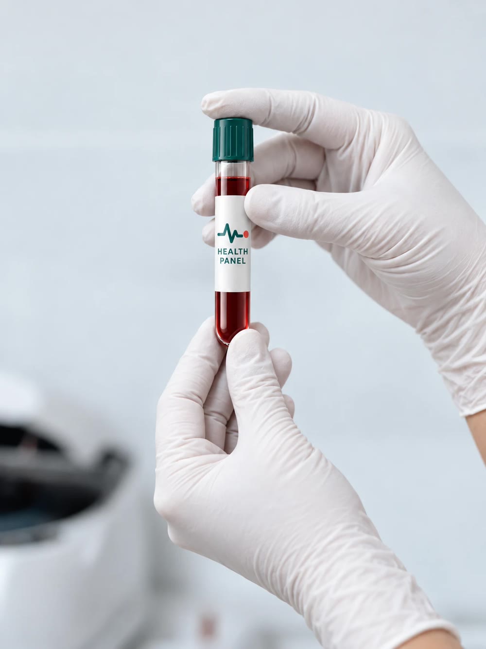 Gloved hands holding a Health Panel blood collection tube with a green cap and a white label showing the pulse mark, against a soft blue-white background